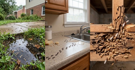 Split-image of mosquitoes, ants, and termites